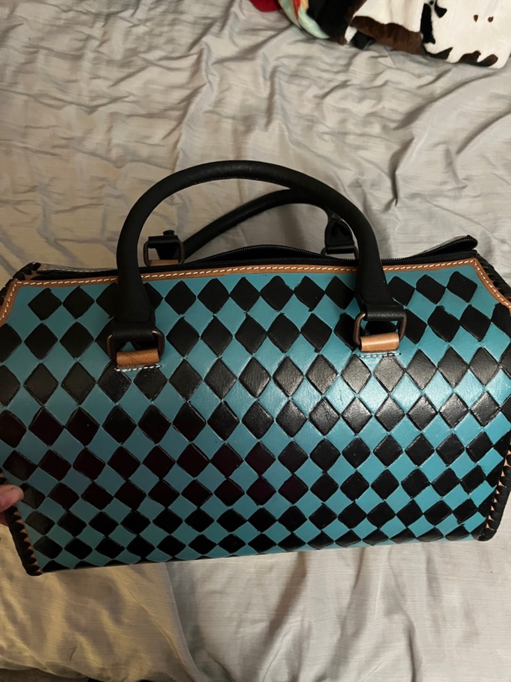 Teal and Black Checkered Dome Satchel